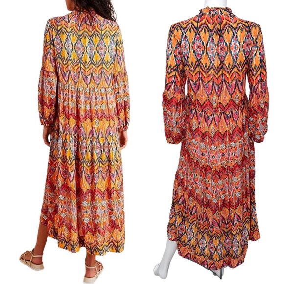 Anthropologie Maeve Tamarind Tiered Maxi Dress in Ikat Multicolor Print Size SP - Picture 2 of 15